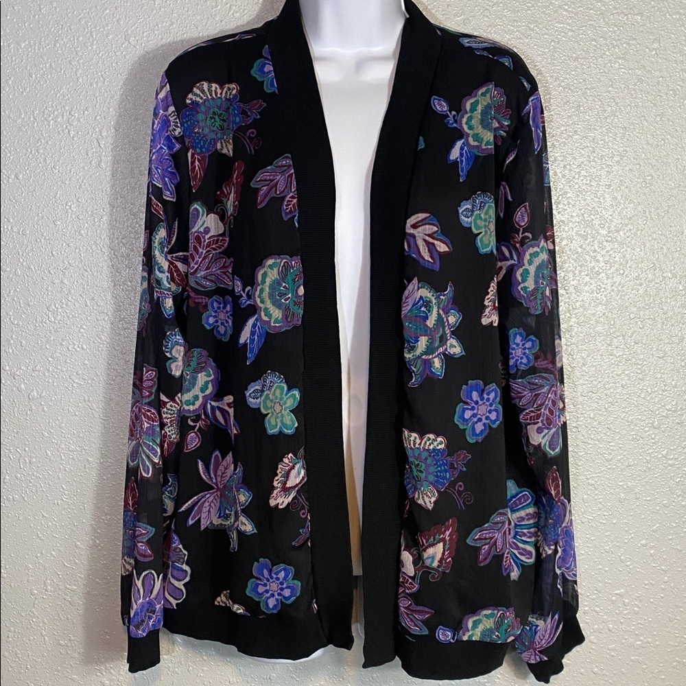 LolaLiza Belgian Design Black Sheer Floral Kimono Jacket – Open Front Size 48
